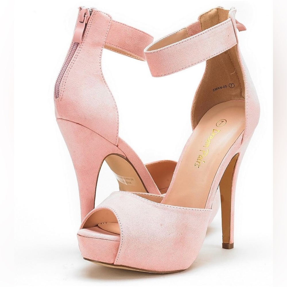 Peep toe faux suede pink stiletto heels with ankle strap